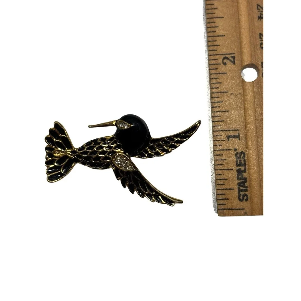 Vintage Covani Gold Tone Black Enamel Rhinestone Flying Hummingbird Brooch Pin
